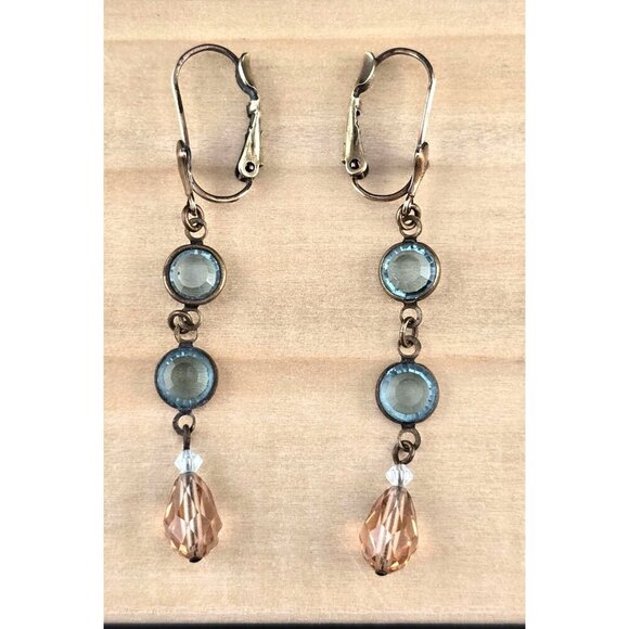 Vintage Liz Palacios Gold Tone Blue & Peach Swarovski Dangle Earrings Lever-back - Picture 1 of 9
